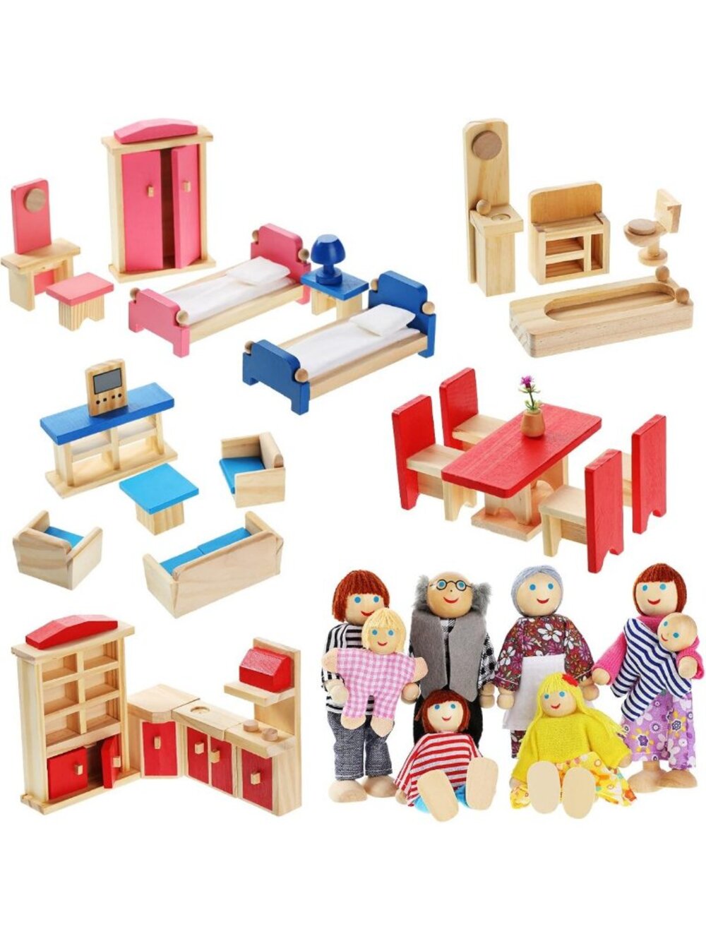 35 Pcs Wooden Dollhouse Furniture Set with Family Figures - Montessori Play Kit